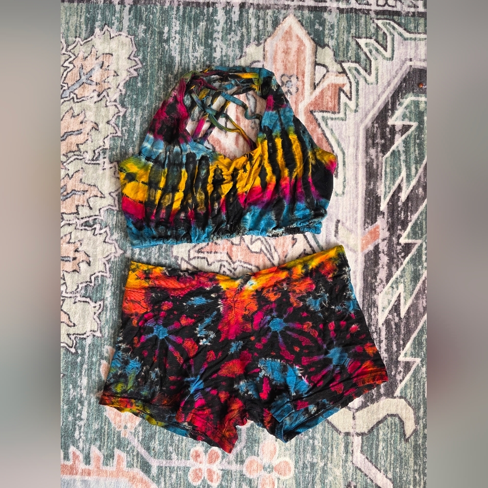 Tie-Dye Shorts & Crop Top Set Multicolor Boho (S/M)